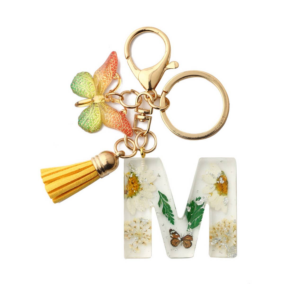 Flower Letter Keychain with Yellow Butterfly Charm_CWAB5090