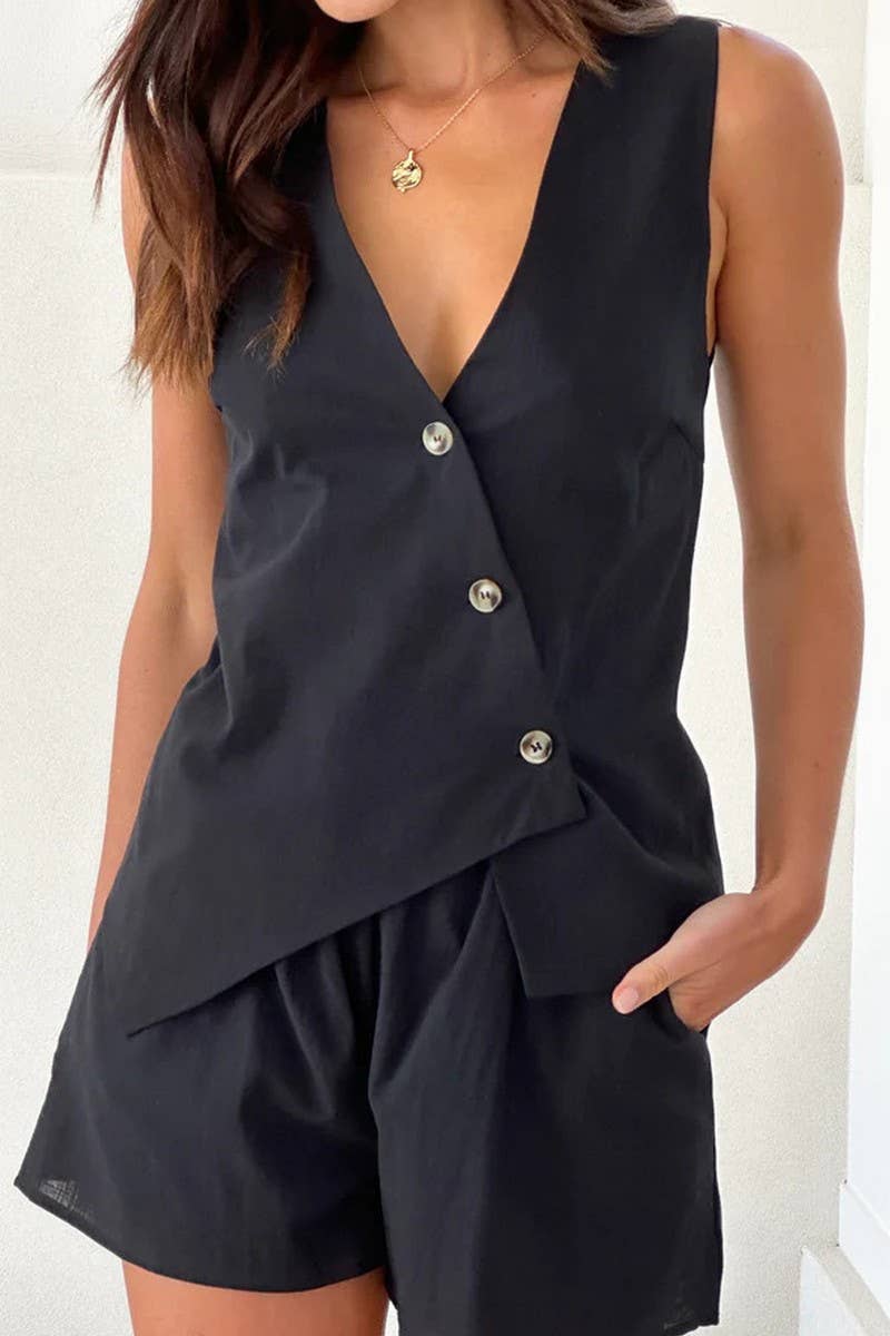 CWSTB1783_SOLID COLOR V-NECK WAIST TIE TANK & SHORTS SET