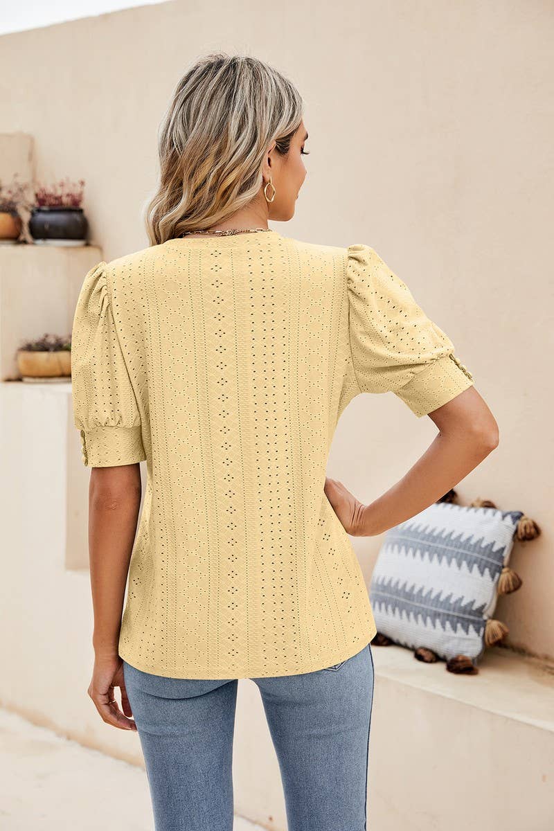 CWTBLS0615_ HOLLOW PUFF SLEEVES SHORT SLEEVED BLOUSE TOP