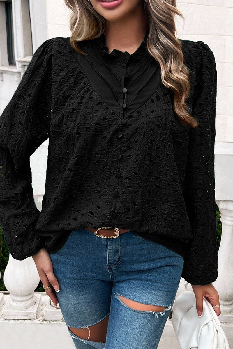 CWTSTL2732_ELEGANT HOLLOW PUFF SLEEVE EMBROIDERED TOP