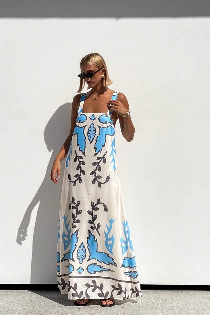 CWDHL1005_SUMMER NEW SEXY SUSPENDER PRINT DRESS