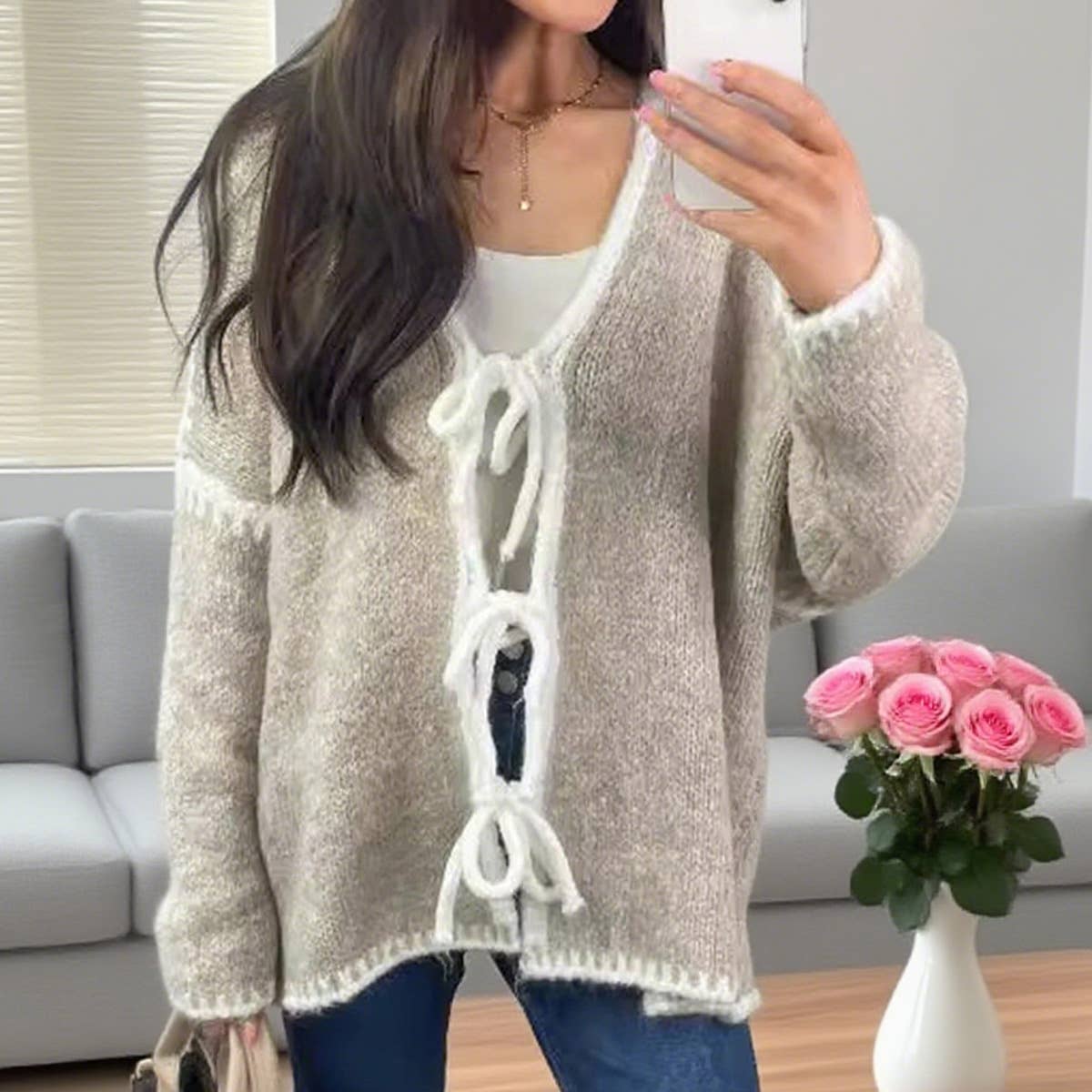 Color-blocking bow knitted cardigan