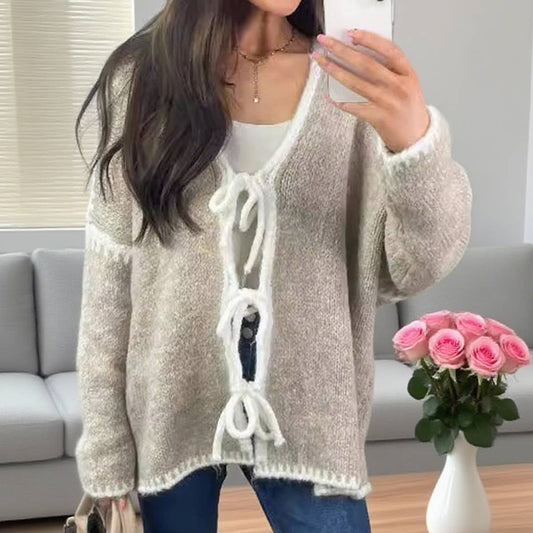 Color-blocking bow knitted cardigan