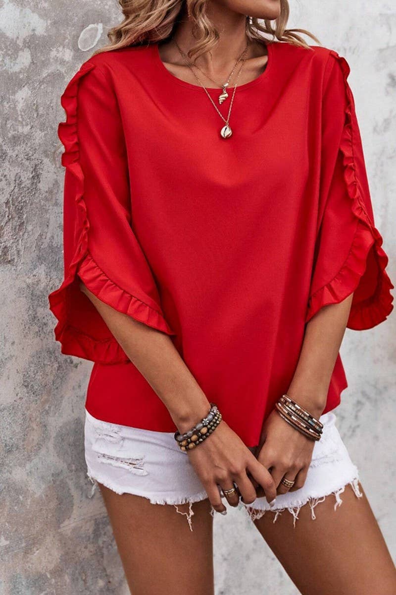 CWTBLS2263_LACE TRIM CREW NECK 3/4 SLEEVE ASYMMETRICAL TOP