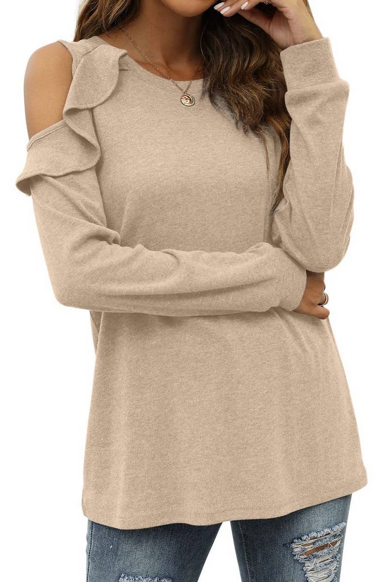 CWTBLL2671_ROUND NECK OFF-SHOULDER RUFFLED LOOSE TOP