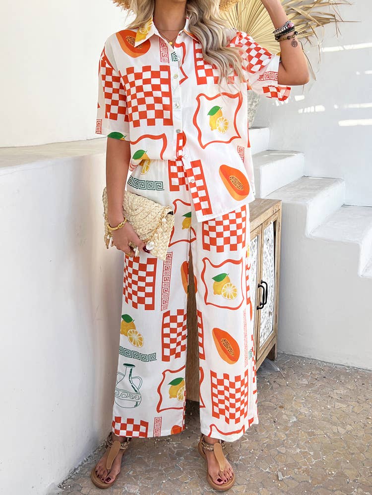 Color contrast printed pants shirt loose suit