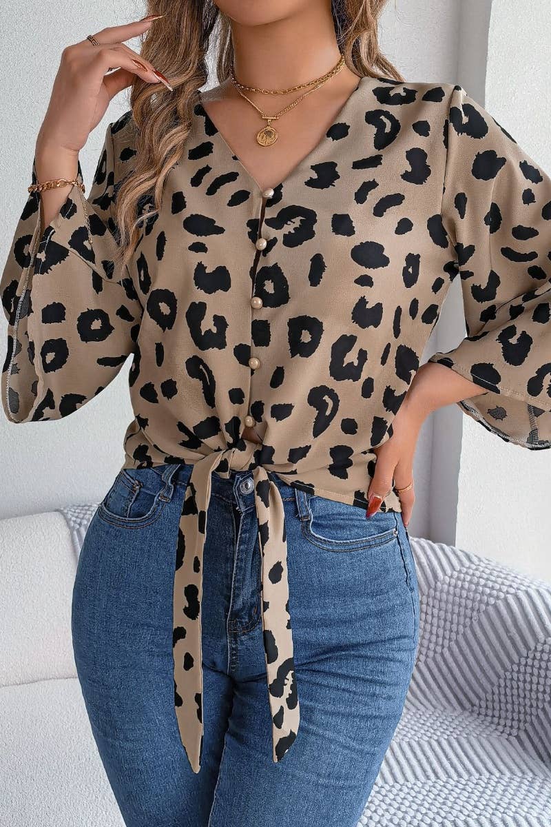 CWTSTL1203_CASUAL LEOPARD PRINT LACE-UP CHIFFON SHIRT TOP