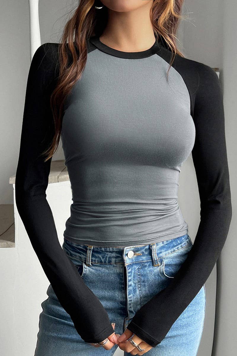 CWTTL2026_SEXY ROUND NECK CONTRAST COLOR LONG SLEEVE T-SHIRT