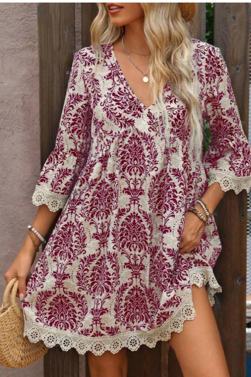 CWDSD8526_FLORAL PRINT V-NECK LACE TRIM 3/4 SLEEVE DRESS