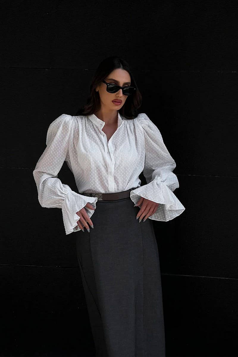 CWTSTL2591_SOLID JACQUARD BUTTON PUFF SLEEVE SHIRT