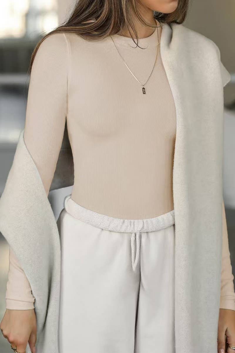 CWTTL2028_SPRING AND SUMMER SOLID COLOR SLIM LONG SLEEVE TOP