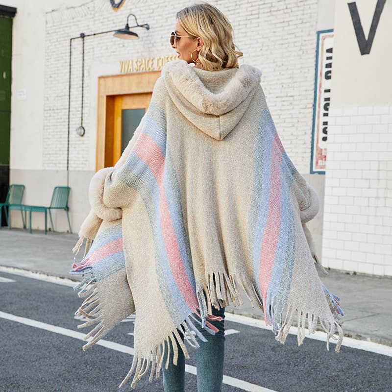 WOMEN'S HOODED CAPE STRIPED KNITTED FRINGE SHAWL