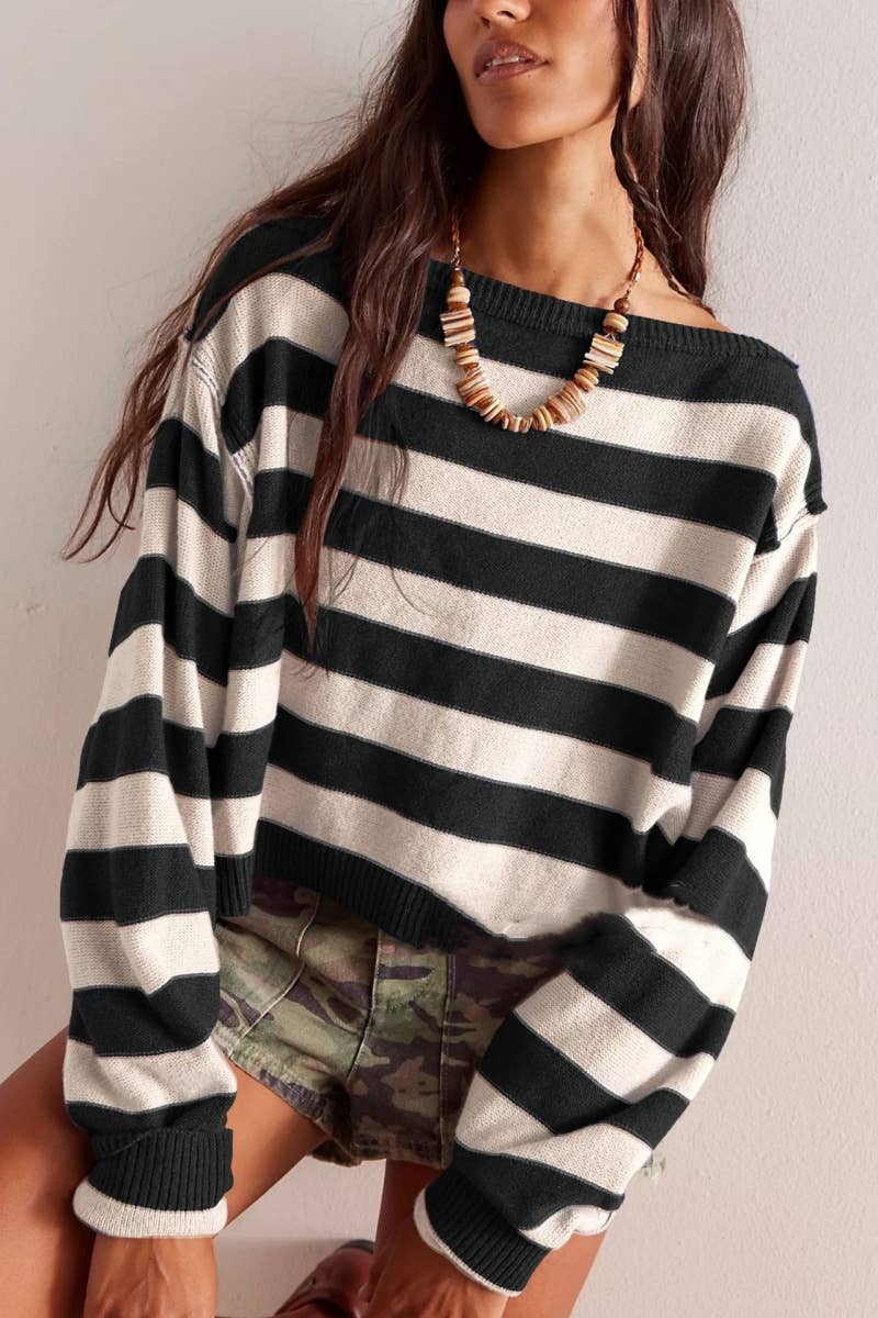 CWOSWL5845_WINTER STRIPED LONG-SLEEVED KNIT SWEATER