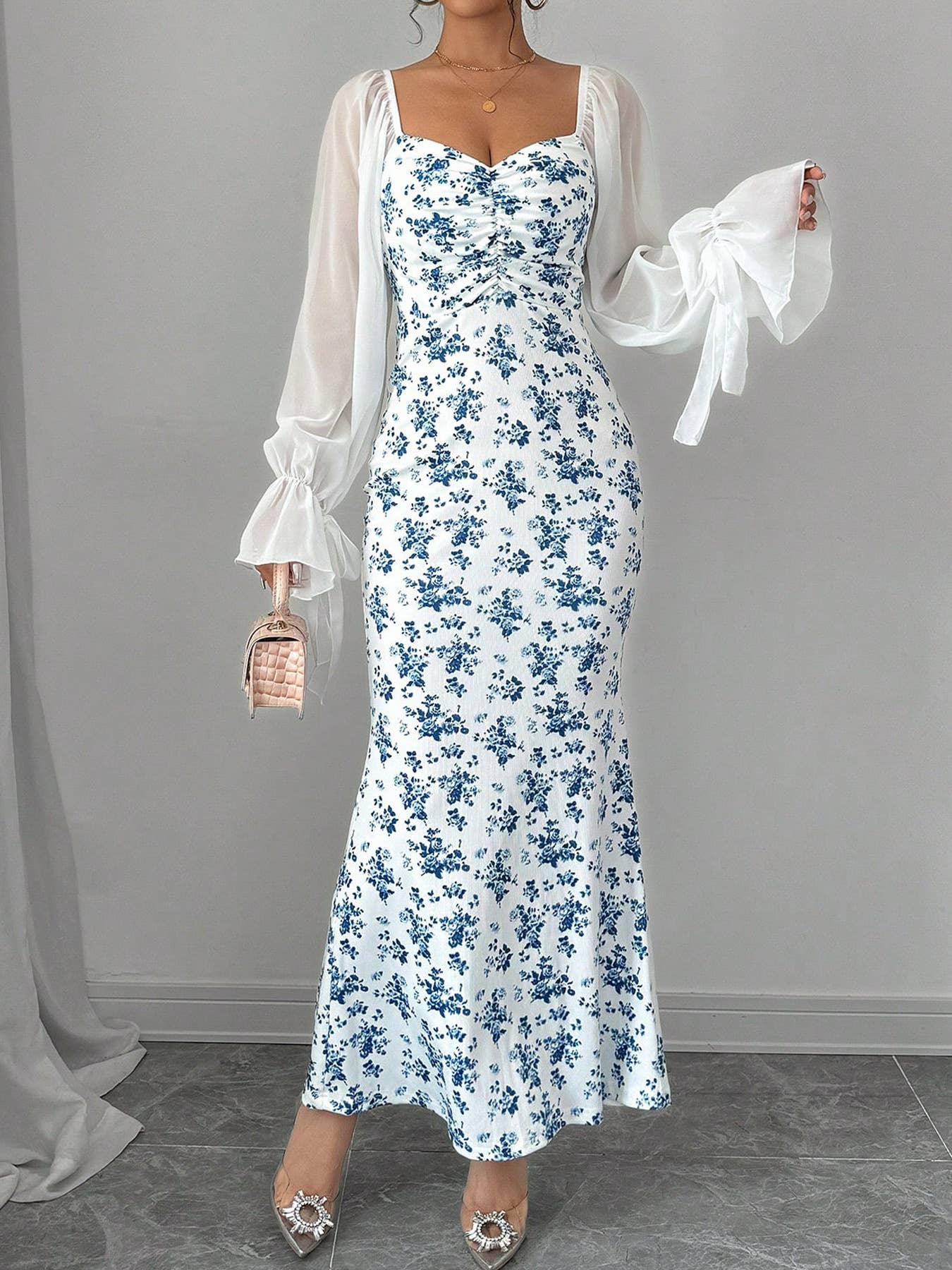 Chiffon patchwork long-sleeved printed dress