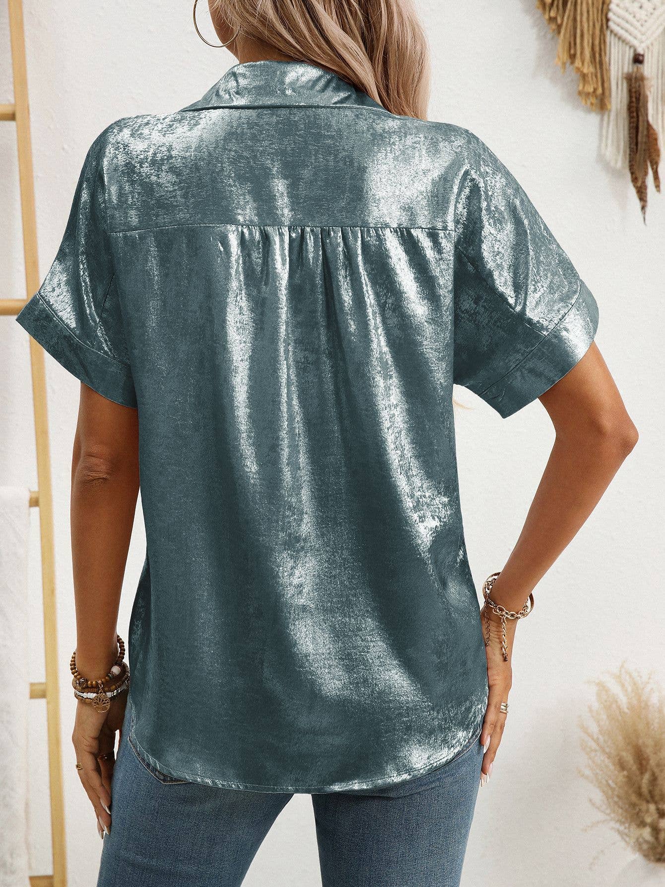 Casual loose short-sleeved lapel metallic shirt