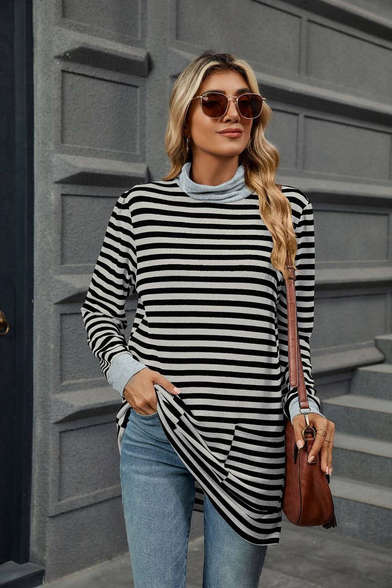 CWTBLL2357_HALF TURTLENECK STRIPED KNITTED LONG SLEEVE TOP