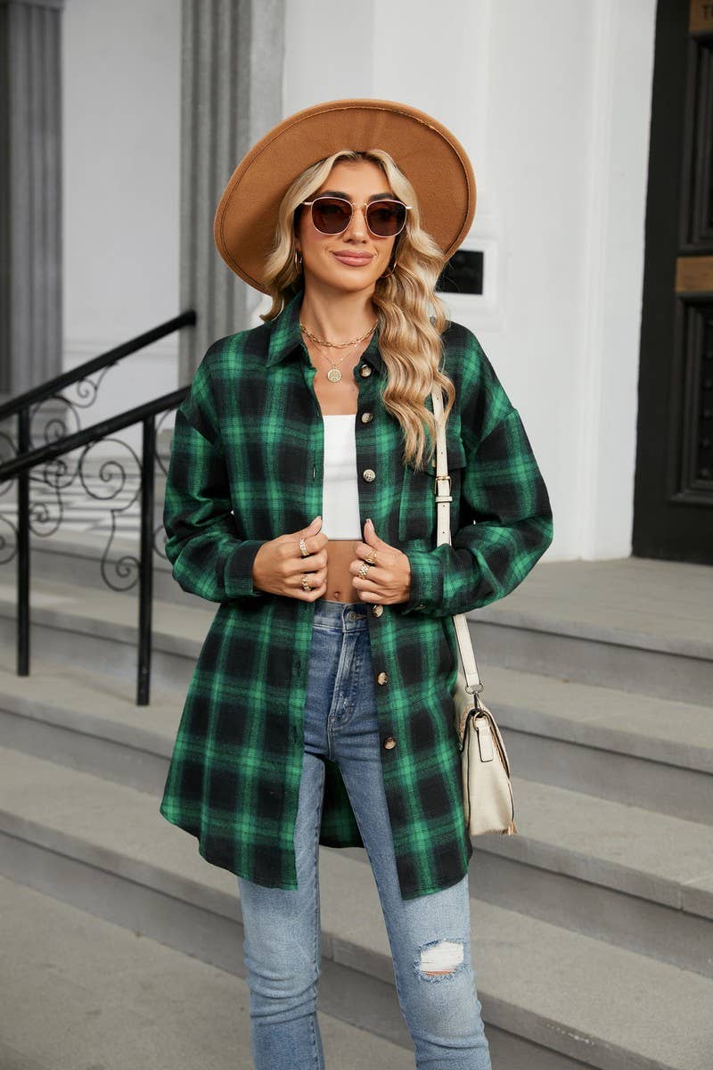 CWTBLL3745_AUTUMN AND WINTER STRIPED PLAID BUTTON-DOWN SHIRT