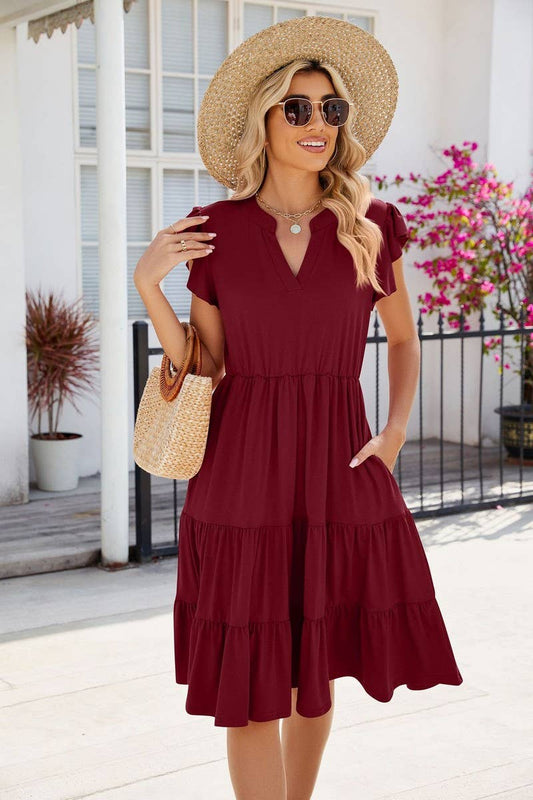 CWDMD2224_V-NECK RUFFLE SLEEVE SOLID COLOR CASUAL DRESS