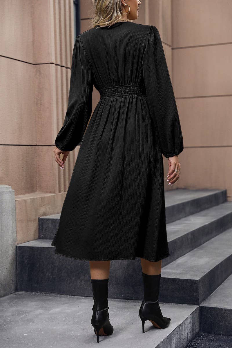 CWDMD3561_V-NECK SOLID COLOR LONG SLEEVE SLIT DRESS