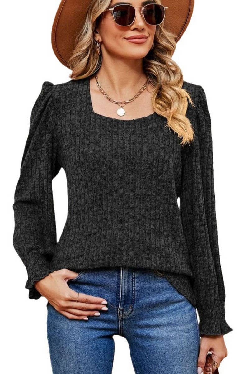 CWTBLL2404_SQUARE NECK LONG SLEEVE RIBBED RUFFLE SLEEVE TOP