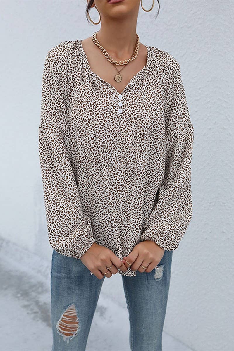 CWTBLL358_RETRO STYLISH DRAWSTRING LEOPARD PRINT V-NECK SHIR