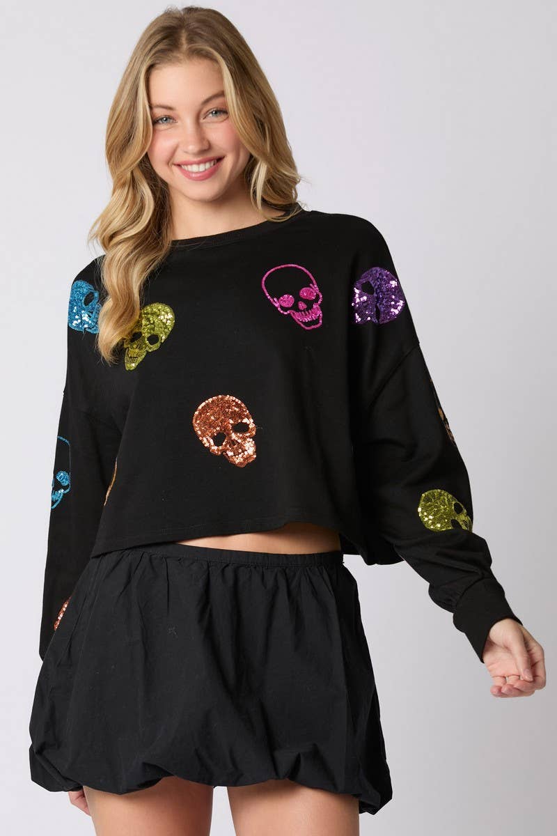 CWTBLL01262_HALLOWEEN SKULL SEQUIN LOOSE SWEATSHIRT