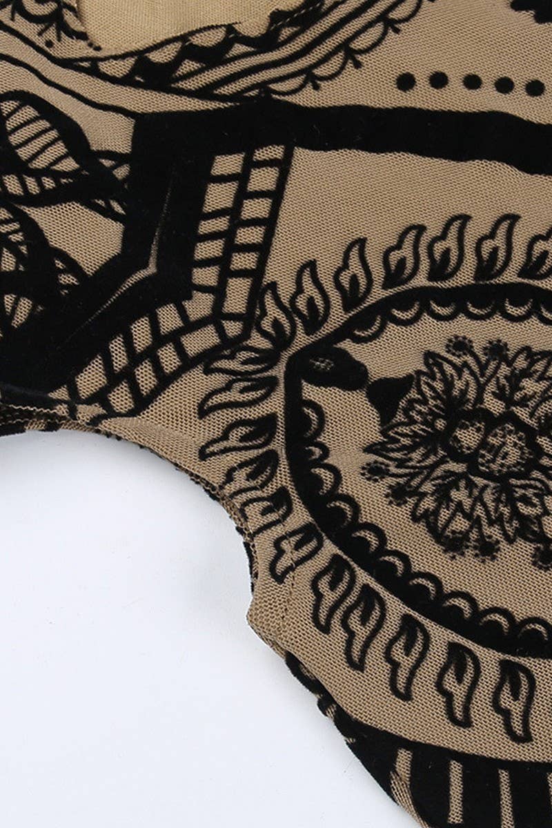 CWDHL0638_FLOCKING PRINT HOLLOW HIP-WRAPPED SUSPENDER SKIRT
