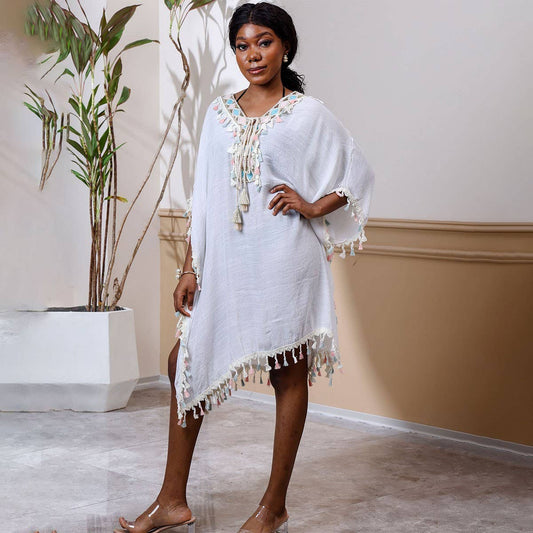 Sexy Beach Cover Up with Tassels and Gold Trim