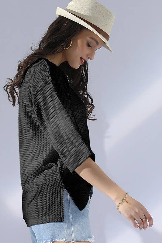 CWTTS696_ROUND NECK ROLLED SHORT SLEEVE TUNIC TOP