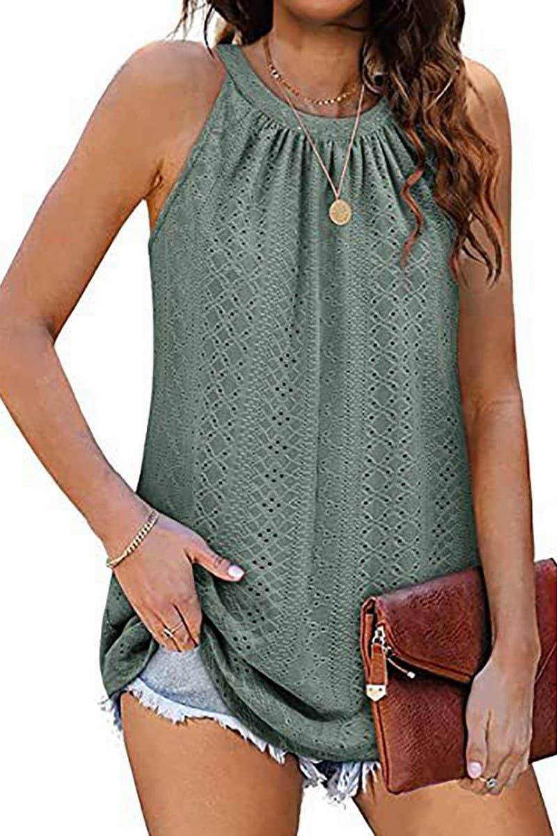 CWTTSL00214_SUMMER NEW ROUND NECK VEST HOLLOW SLEEVELESS TOP