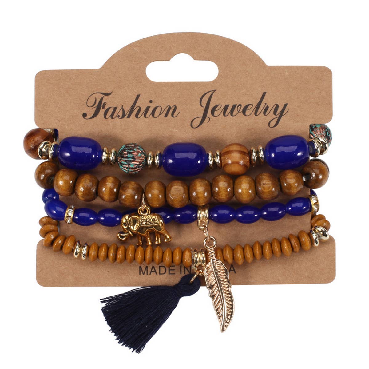 LEAF ELEPHANT TASSEL PENDANT WOODEN BEAD BRACELET_CWAJE2221