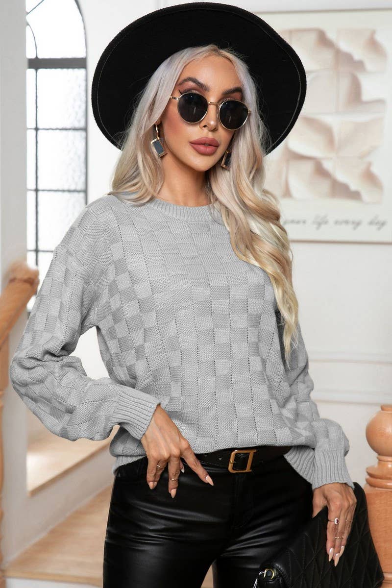 CWOSWL3874_3D PLAID LONG SLEEVE KNITTED PULLOVER SWEATER