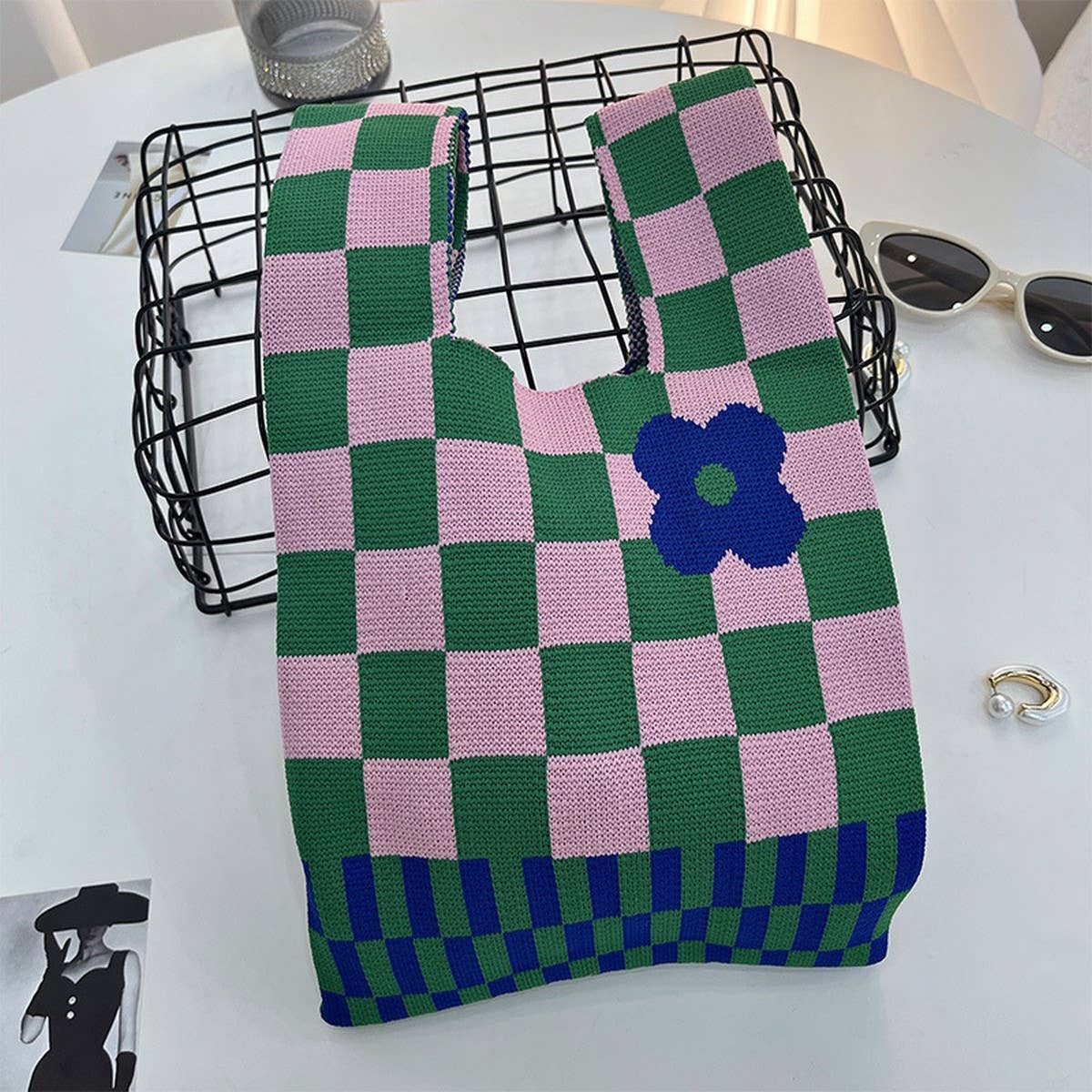 CUAB00622_CHECKERED KNIT SHOULDER BAG WOMEN WOVEN PURSE