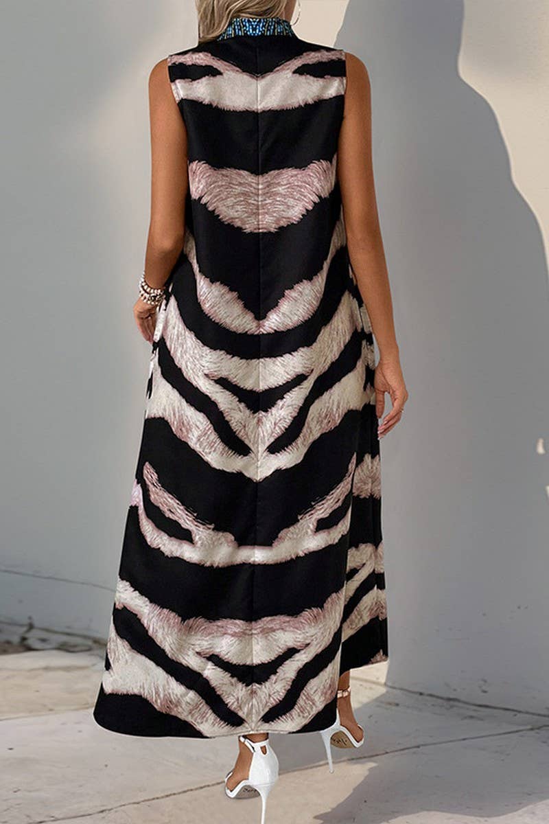 CWDMD4214_V-NECK VINTAGE ANIMAL PRINT SLEEVELESS DRESS