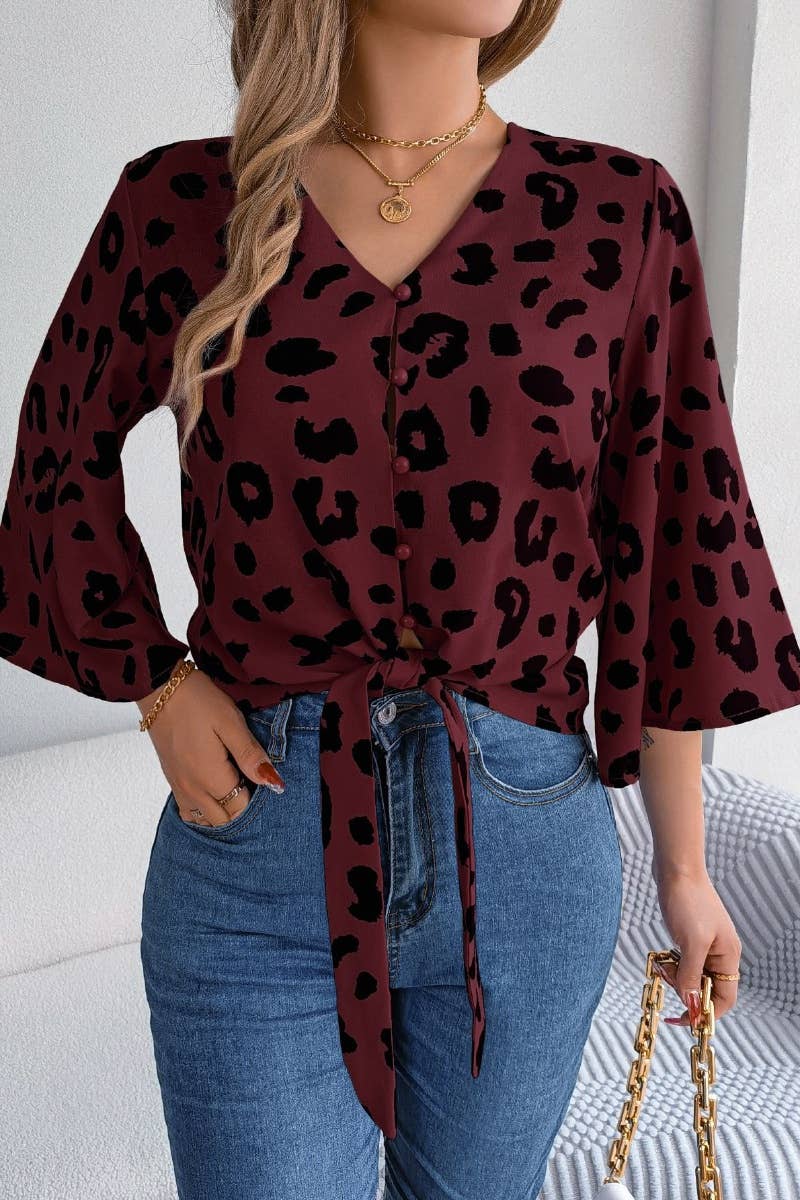 CWTSTL1203_CASUAL LEOPARD PRINT LACE-UP CHIFFON SHIRT TOP