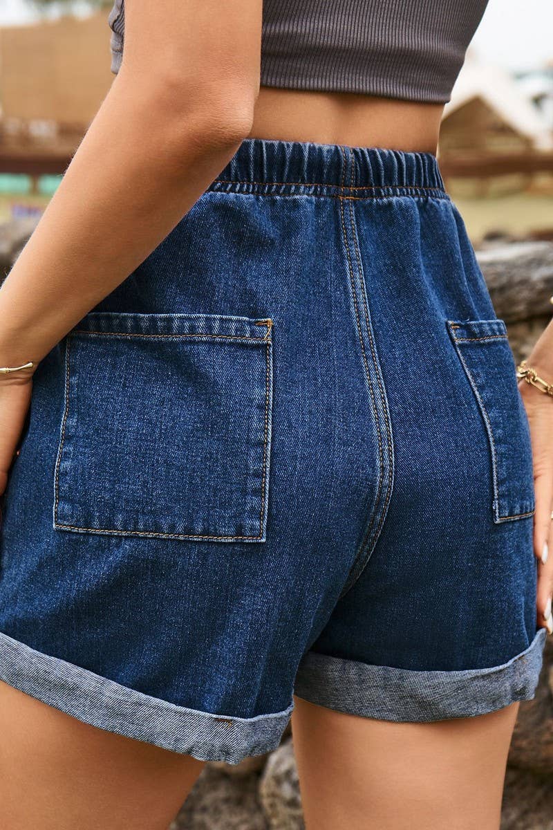 CWJS00039_ELASTIC WAIST CASUAL ROLLED-UP DENIM SHORTS