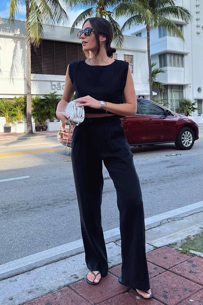 CWSTB1800_LINEN SLEEVELESS TOP & WIDE LEG PANTS SET