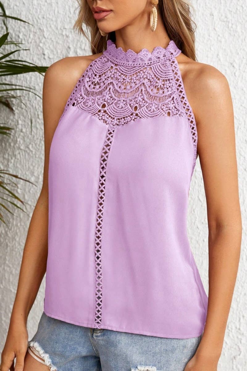 CWOV0348_FASHION HOLLOW LACE SLEEVELESS VEST TOP
