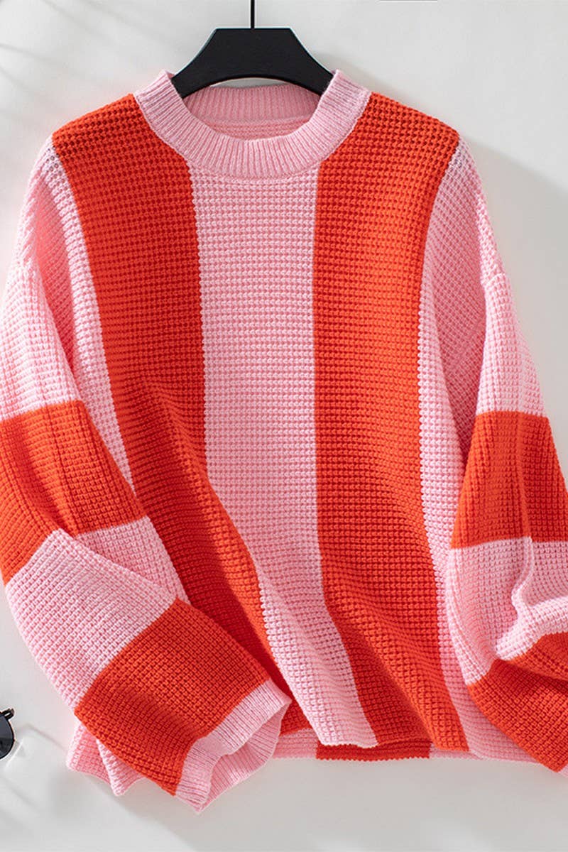 CWOSWL2816_LOOSE-FITTING CONTRAST STRIPED KNITTED SWEATER