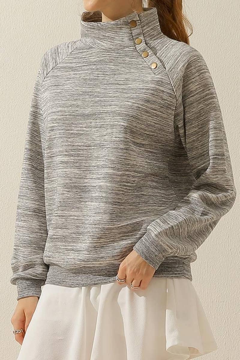 CWTTL1427_Snap Button Neck Casual Long Sleeve Top