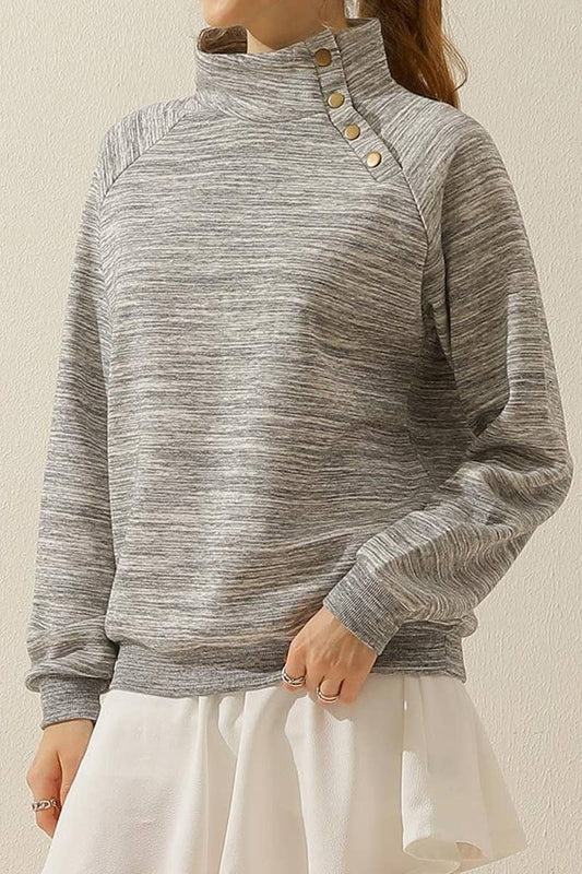 CWTTL1427_Snap Button Neck Casual Long Sleeve Top