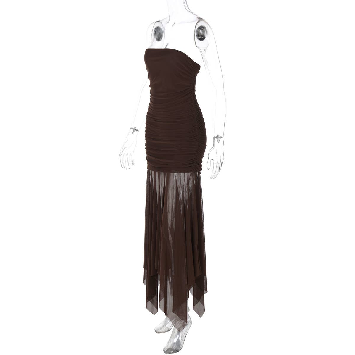 A strapless pleated patchwork gauze dress
