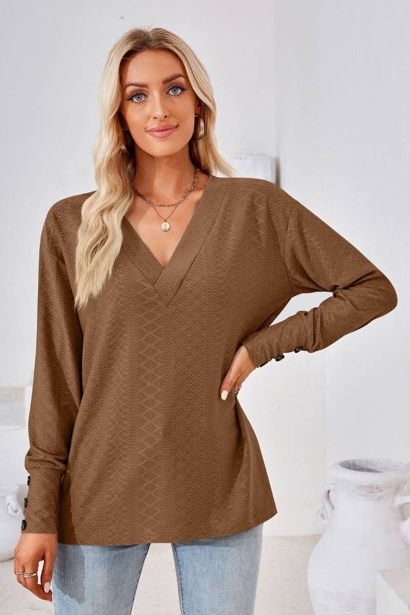 CWTBLL2806_SOLID COLOR V-NECK LONG SLEEVE BUTTON-UP TOP