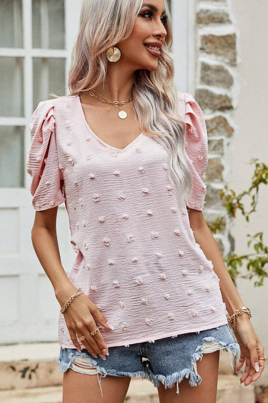 CWTBLS0358_V-Neck Short Puff Sleeve Blouse