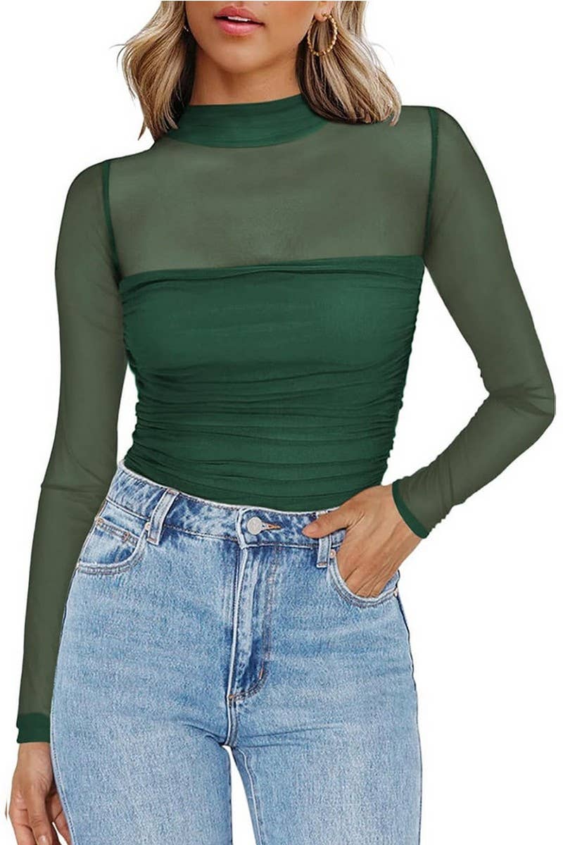 CWTBLL3695_HALF TURTLENECK SEE-THROUGH LONG SLEEVE MESH TOP