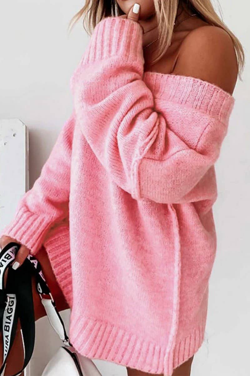 CWOSWL07057_SOLID COLOR V-NECK LOOSE OFF-SHOULDER SWEATER