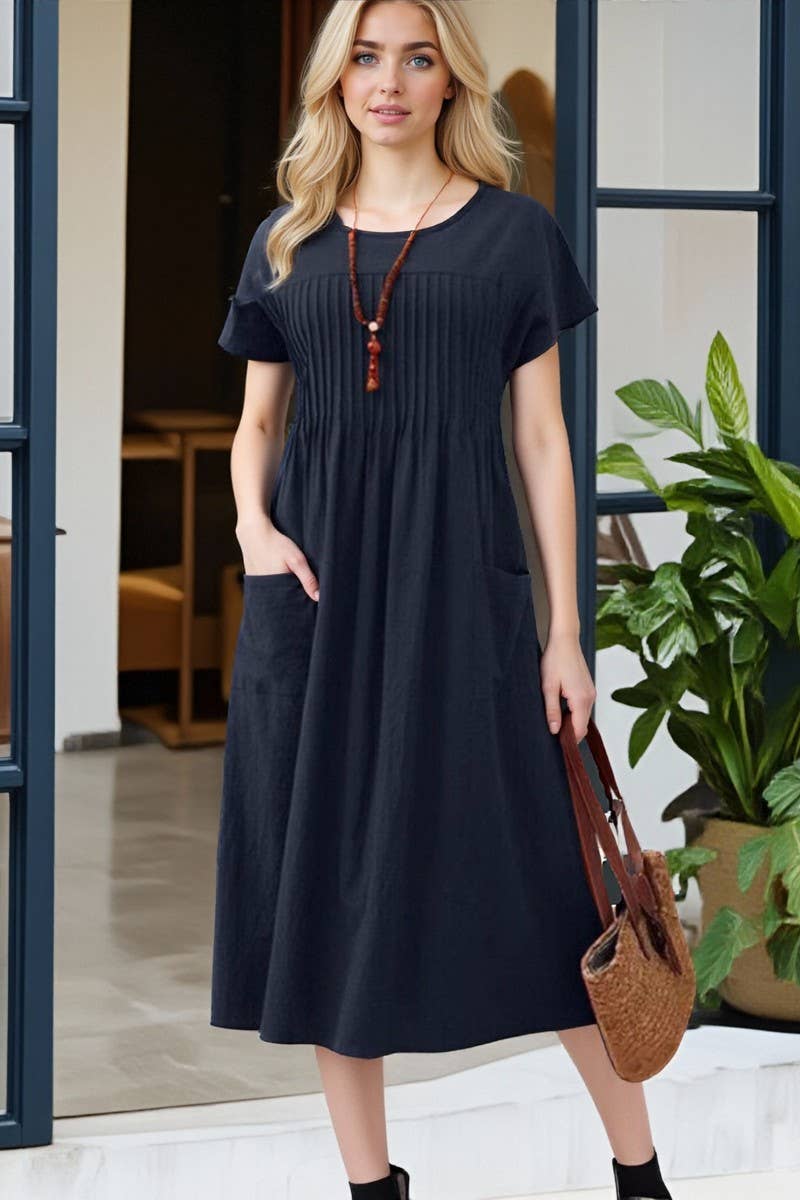 CWDMD01001_SOLID COLOR ROUND NECK POCKET PLEATED DRESS
