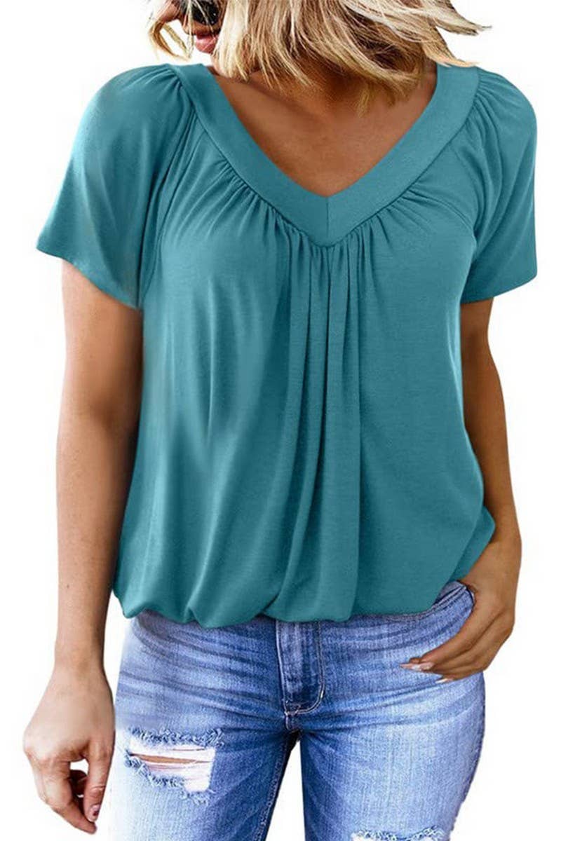 CWTBLS1820_SUMMER NEW V-NECK PLEATED LOOSE T-SHIRT