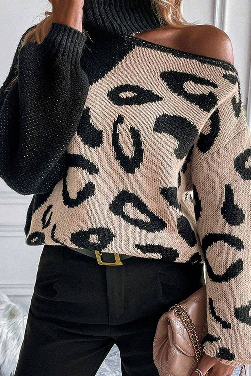 CWOSWL5803_OFF-THE-SHOULDER LEOPARD PRINT TURTLENECK SWEATER