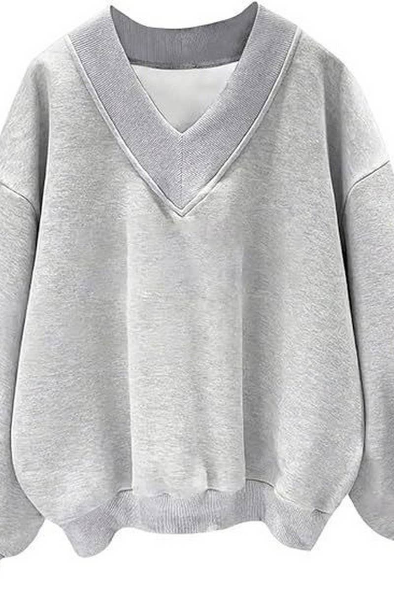 CWTBLL4011_SOLID V-NECK FLEECE LINED LOOSE FIT SWEATSHIRT